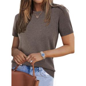 Arach&Cloz Women’s Lightweight Wool Blend Short Sleeve Sweater Top Business Casual(Coffee)