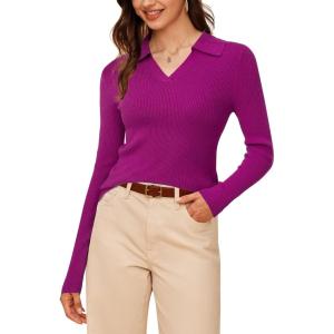 Arach&Cloz Women’s Wool Blend Polo Sweater Shirt Business Casual Slim Fitted Fall Tops 2025(Rose)