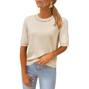 Arach&Cloz Women’s Wool Blend Elegant Crew Neck Sweaters for Fall 2025(Apricot)