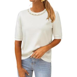 Arach&Cloz Women’s Wool Blend Elegant Crew Neck Sweaters for Fall 2025(Off-white)