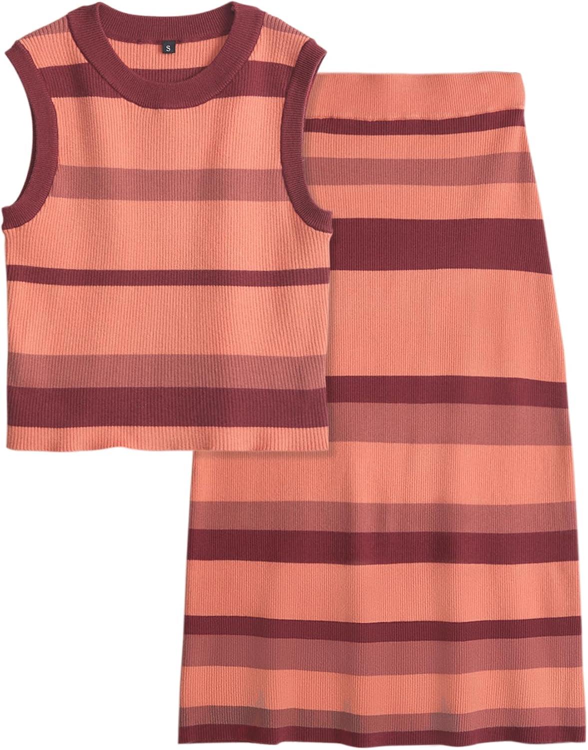image:imageArachampCloz Womens Non See Through 2 Piece Sets Tank Top and Midi Skirt Knit OutfitsPinkred Dried Rose