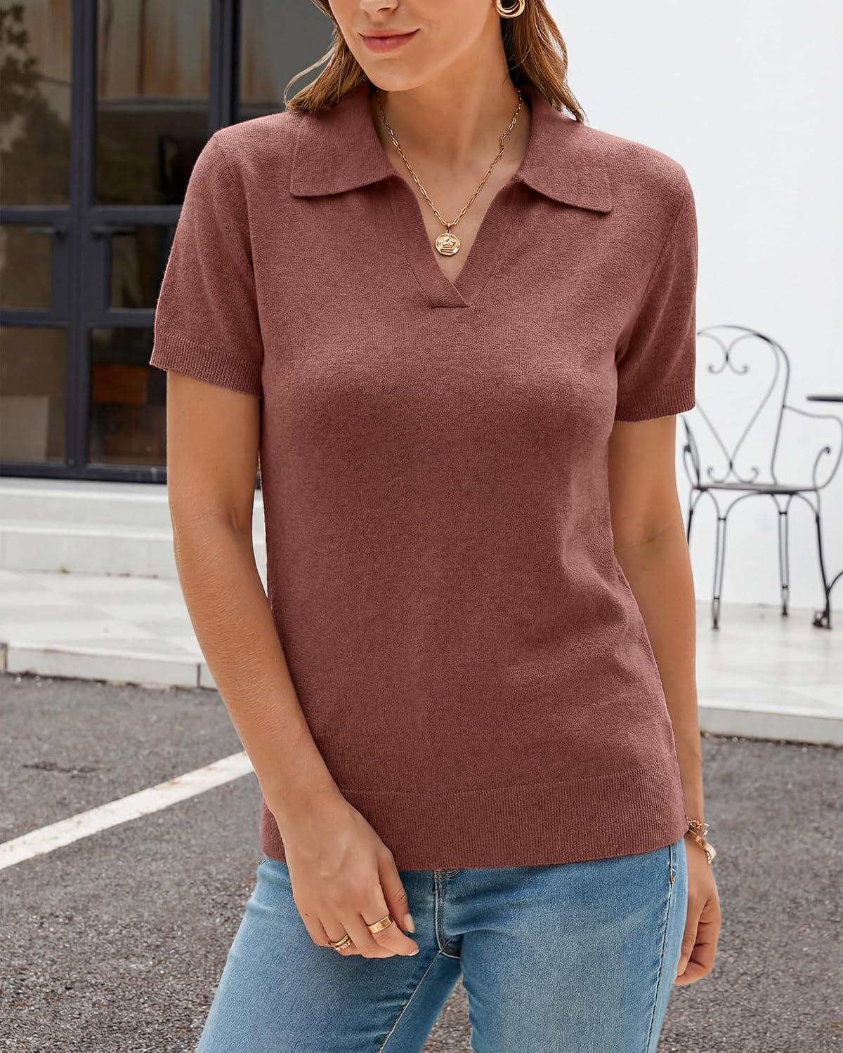 image:imageArachampCloz Womens Wool Blend Knit Spring Summer Business Casual Lightweight Short Sleeve Sweater Pullover 2026Dusty Red