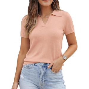 Arach&Cloz Women’s Wool Blend Knit Spring Summer Business Casual Lightweight Short Sleeve Sweater Pullover 2026(Peach Pink)