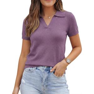 Arach&Cloz Women’s Wool Blend Knit Spring Summer Business Casual Lightweight Short Sleeve Sweater Pullover 2026(Purple)