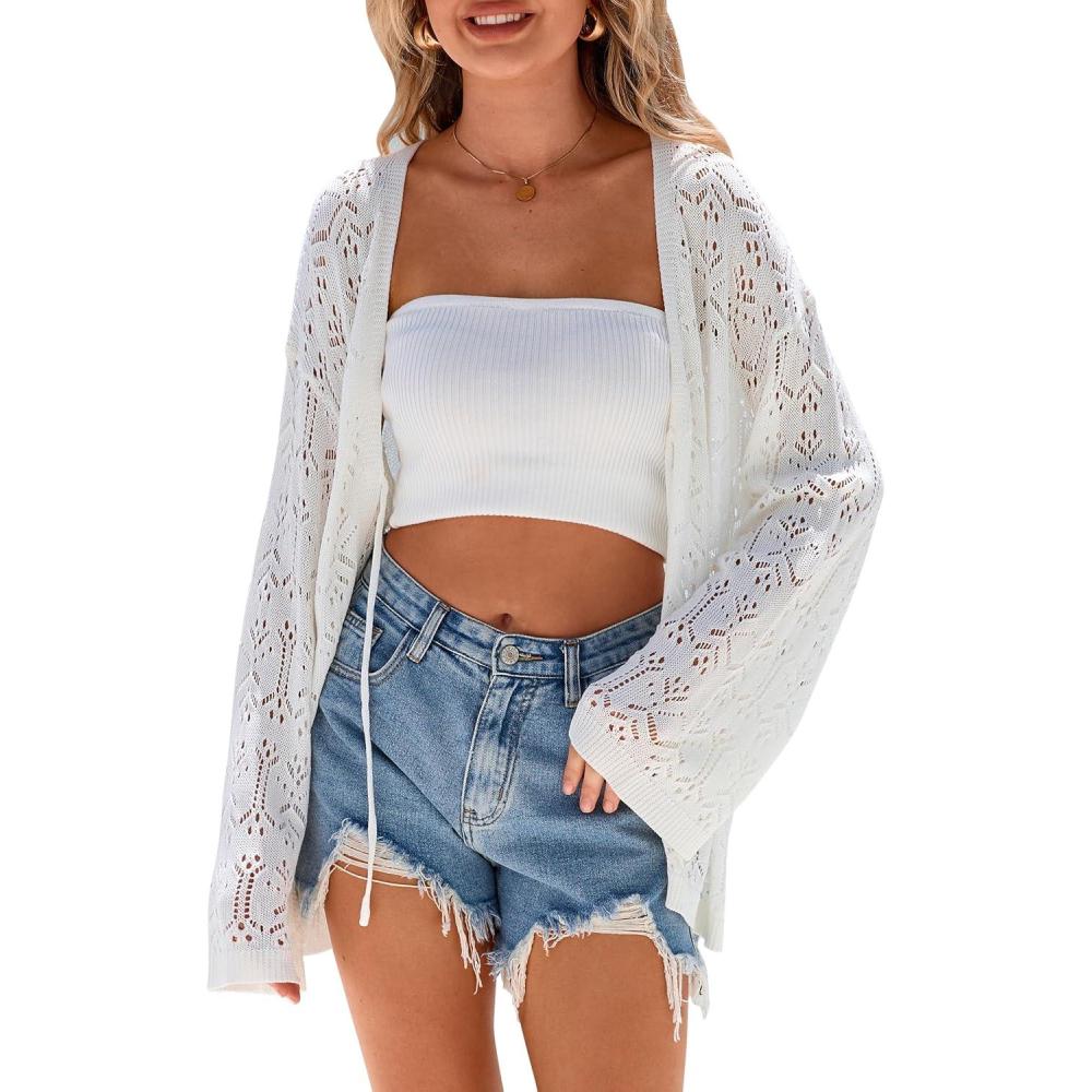 image:imageArachampCloz Womens Linen Blend Summer Crochet Cardigans Lightweight Lacey Kint Hollow Out Beach Vacation Outfits Trendy 2026White