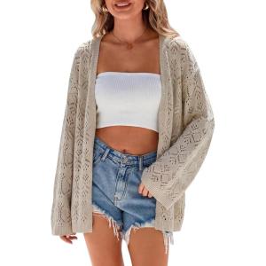 Arach&Cloz Women’s Linen Blend Summer Crochet Cardigans Lightweight Lacey Kint Hollow Out Beach Vacation Outfits Trendy 2026(Khaki)