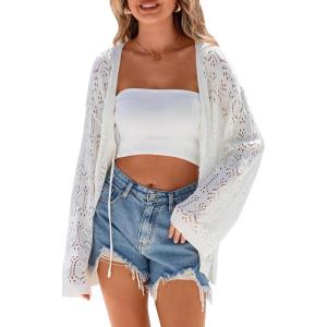 Arach&Cloz Women’s Linen Blend Summer Crochet Cardigans Lightweight Lacey Kint Hollow Out Beach Vacation Outfits Trendy 2026(White)