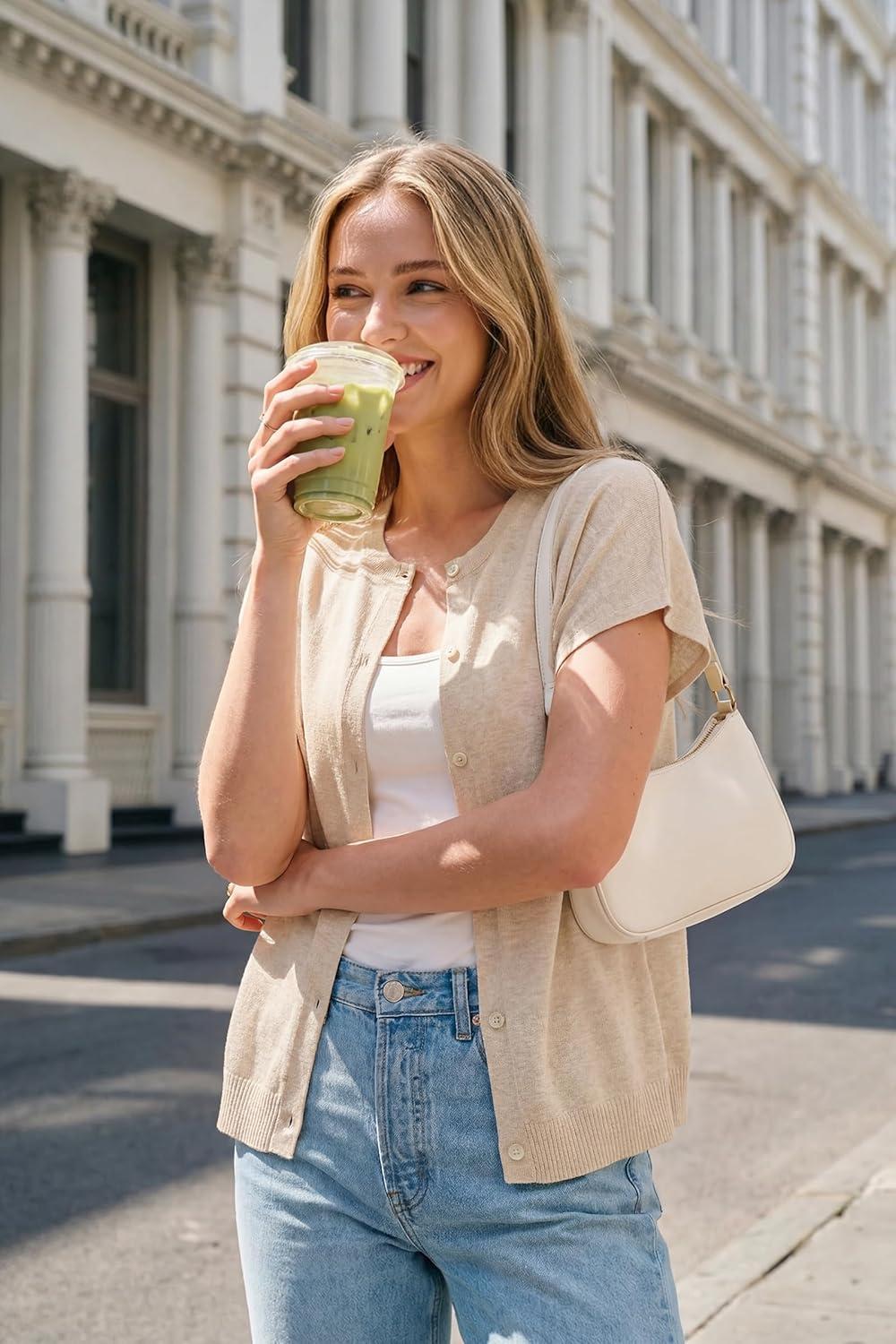 image:imageArachampCloz Womens Wool Blend Oversized Lightweight Cardigan Short Sleeve Summer Casual Sweaters TopsApricot