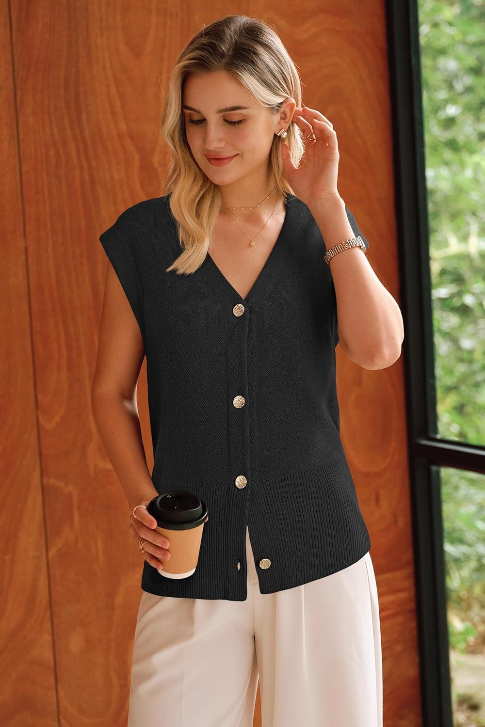 image:imageArachampCloz Womens Wool Blend Sweater Vest V Neck Button Down Cardigan Business Casual Tops 2026Black