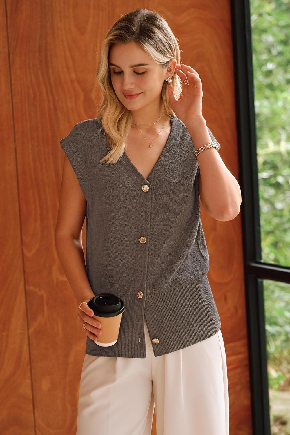 image:imageArachampCloz Womens Wool Blend Sweater Vest V Neck Button Down Cardigan Business Casual Tops 2026Coffee