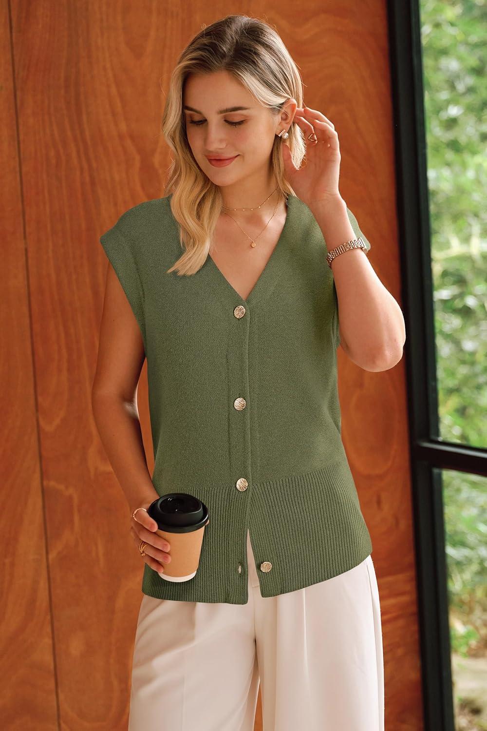 image:imageArachampCloz Womens Wool Blend Sweater Vest V Neck Button Down Cardigan Business Casual Tops 2026Olive Green