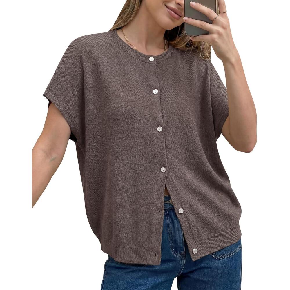 image:imageArachampCloz Womens Wool Blend Oversized Lightweight Cardigan Short Sleeve Summer Casual Sweaters TopsCoffee