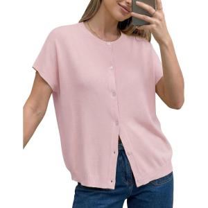 Arach&Cloz Women’s Wool Blend Oversized Lightweight Cardigan Short Sleeve Summer Casual Sweaters Tops(Light Pink)