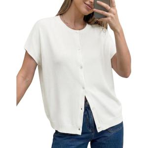 Arach&Cloz Women’s Wool Blend Oversized Lightweight Cardigan Short Sleeve Summer Casual Sweaters Tops(Off-white)