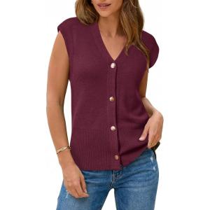 Arach&Cloz Women’s Wool Blend Sweater Vest V Neck Button Down Cardigan Business Casual Tops 2026(Wine)