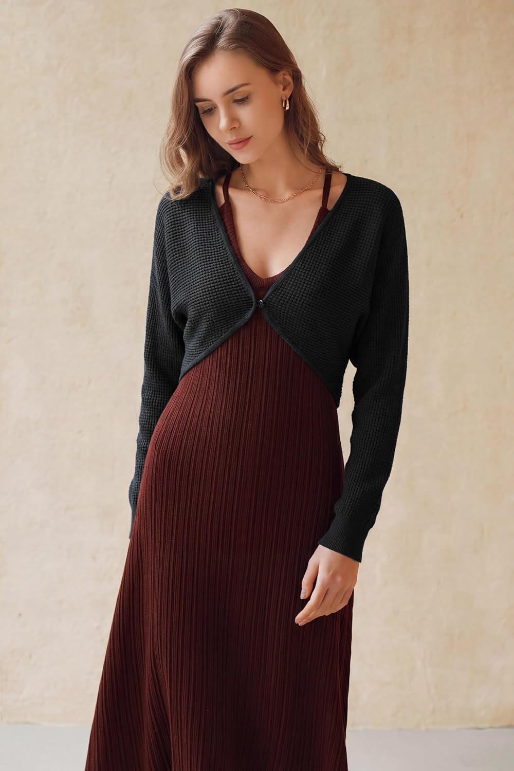image:imageArachampCloz Womens 100 Cotton Bolero Shrug V Neck Cropped Cardigan Knit SweatersBlack