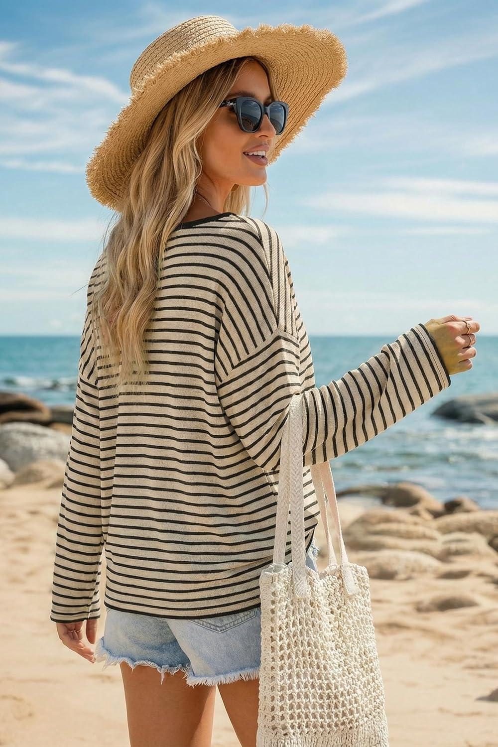 image:imageArachampCloz Womens Oversized Linen Blend Beach Vacation Cover Up Summer Casual Off Shoulder Tops 2026Apricot Black Stripe