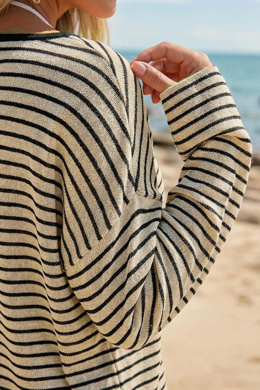image:imageArachampCloz Womens Oversized Linen Blend Beach Vacation Cover Up Summer Casual Off Shoulder Tops 2026Apricot Black Stripe