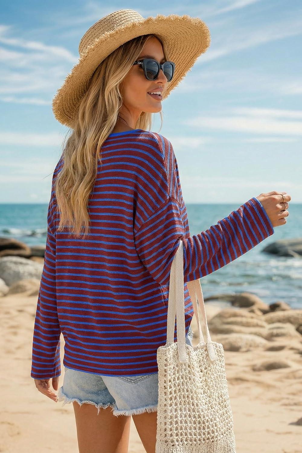 image:imageArachampCloz Womens Oversized Linen Blend Beach Vacation Cover Up Summer Casual Off Shoulder Tops 2026Blue Stripe