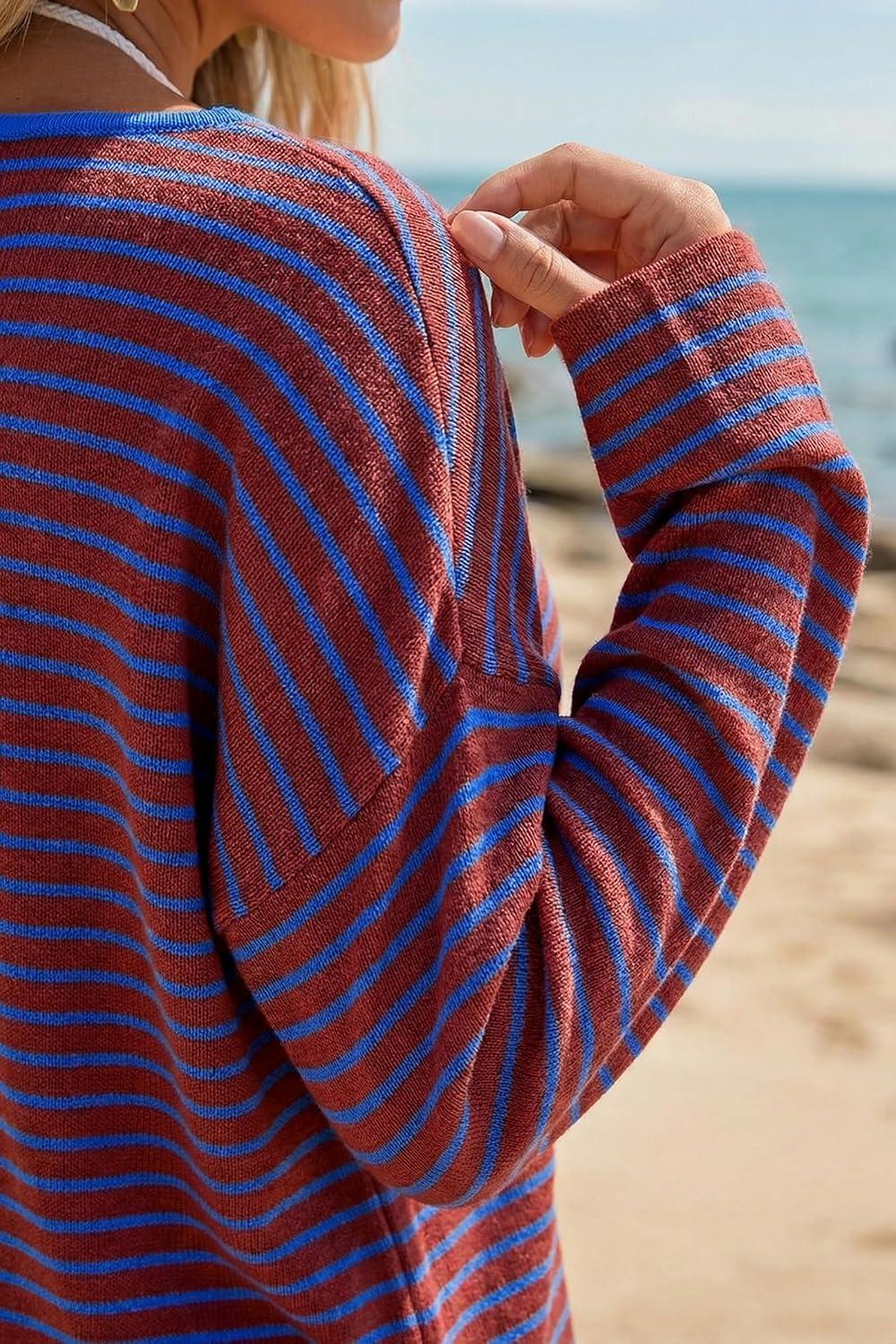image:imageArachampCloz Womens Oversized Linen Blend Beach Vacation Cover Up Summer Casual Off Shoulder Tops 2026Blue Stripe