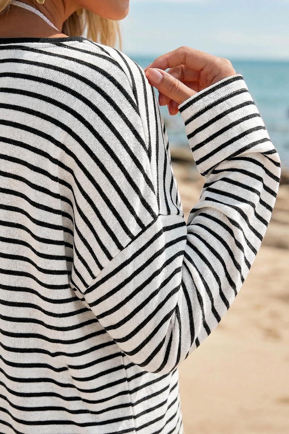image:imageArachampCloz Womens Oversized Linen Blend Beach Vacation Cover Up Summer Casual Off Shoulder Tops 2026White Black Stripe