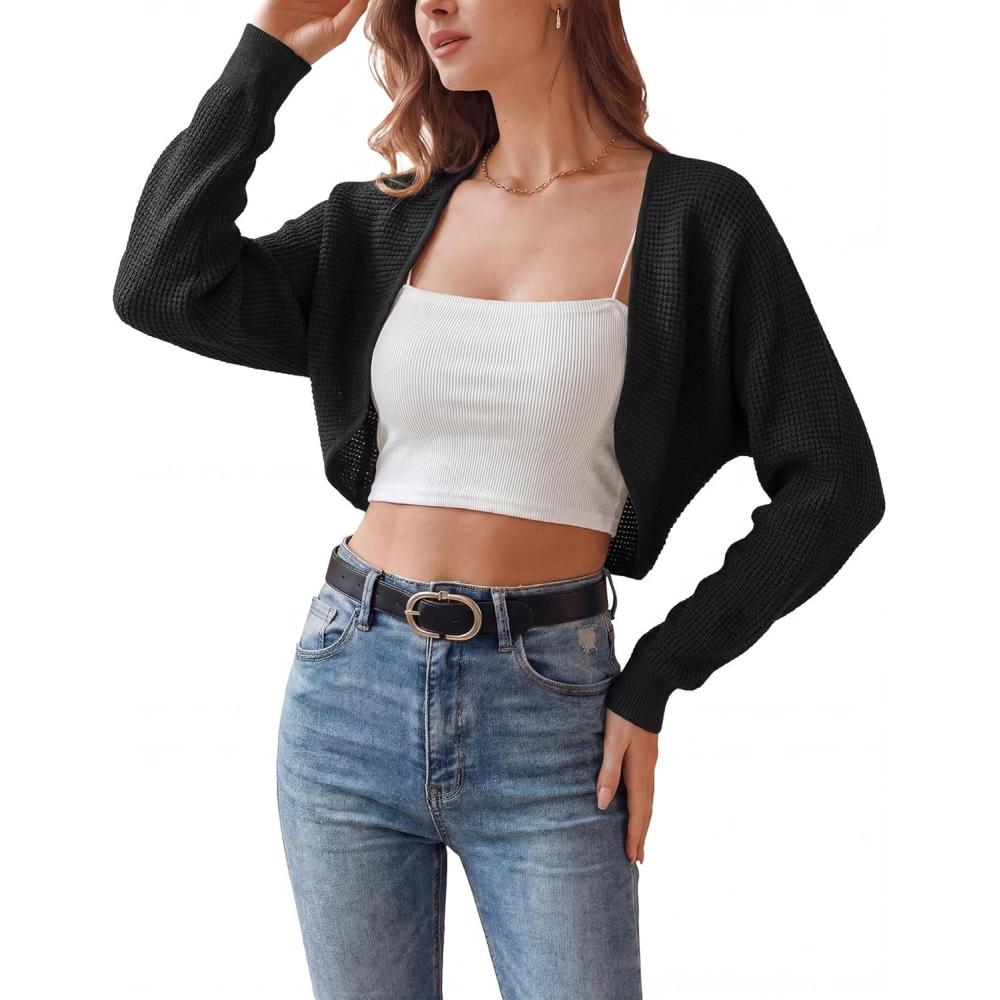 image:imageArachampCloz Womens 100 Cotton Bolero Shrug V Neck Cropped Cardigan Knit SweatersBlack