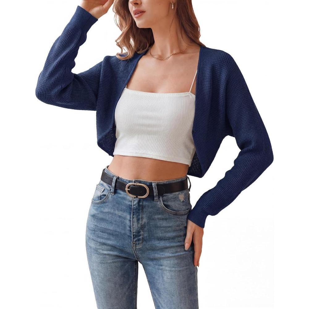 image:imageArachampCloz Womens 100 Cotton Bolero Shrug V Neck Cropped Cardigan Knit SweatersNavy