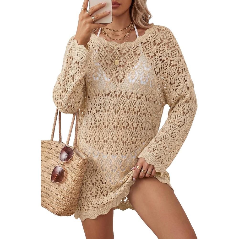 image:imageArachampCloz Womens 100 Cotton Swimsuit Cover Up Off Shoulder Boat Neck Oversized Breathable Beach Crochet Summer 2026Apricot