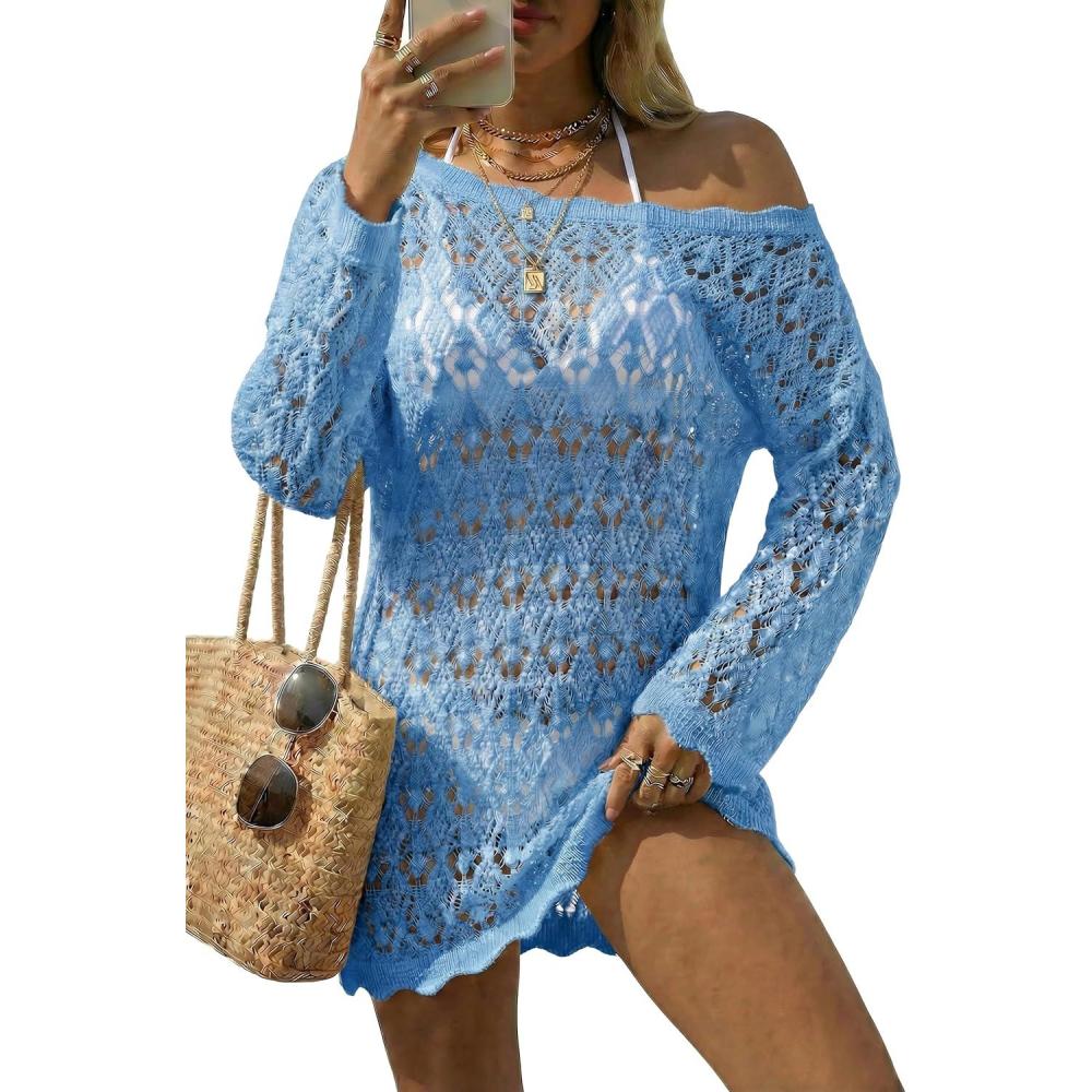 image:imageArachampCloz Womens 100 Cotton Swimsuit Cover Up Off Shoulder Boat Neck Oversized Breathable Beach Crochet Summer 2026Blue
