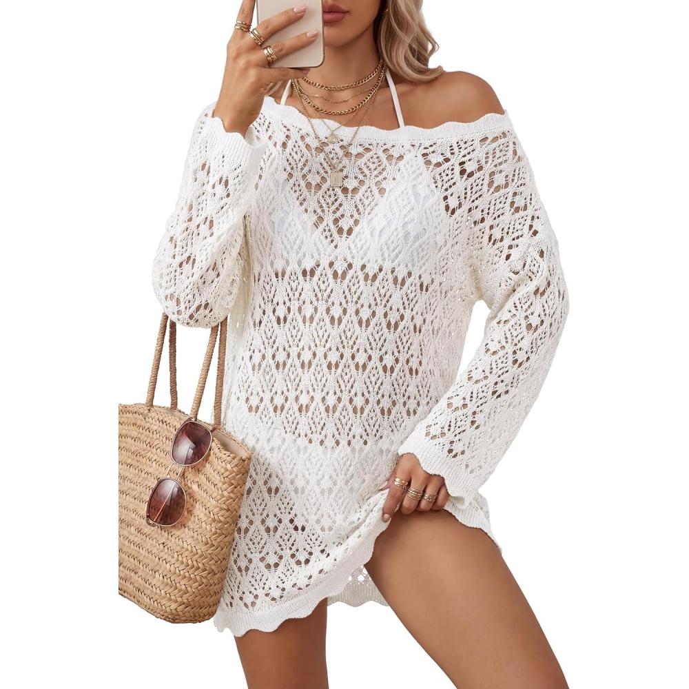 image:imageArachampCloz Womens 100 Cotton Swimsuit Cover Up Off Shoulder Boat Neck Oversized Breathable Beach Crochet Summer 2026White