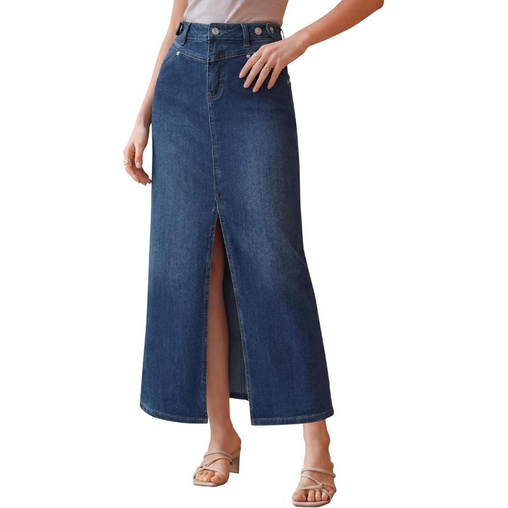 image:imageArachampCloz Womens Cotton Blend Stretch Adjustable Waist Denim Skirts with Pockets 2026Dark Blue