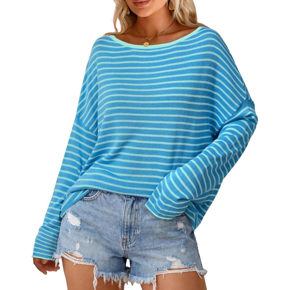 image:imageArachampCloz Womens Oversized Linen Blend Beach Vacation Cover Up Summer Casual Off Shoulder Tops 2026Blue Light Green Stripe