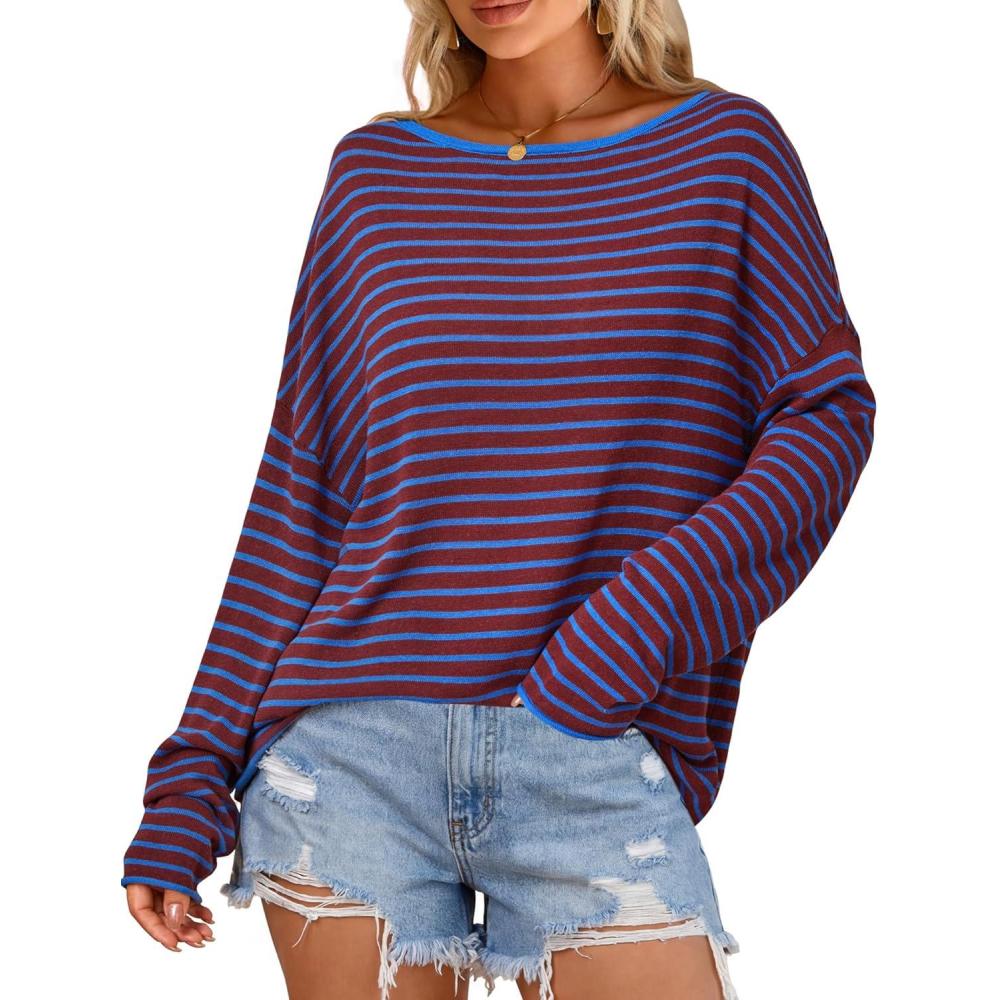 image:imageArachampCloz Womens Oversized Linen Blend Beach Vacation Cover Up Summer Casual Off Shoulder Tops 2026Blue Stripe