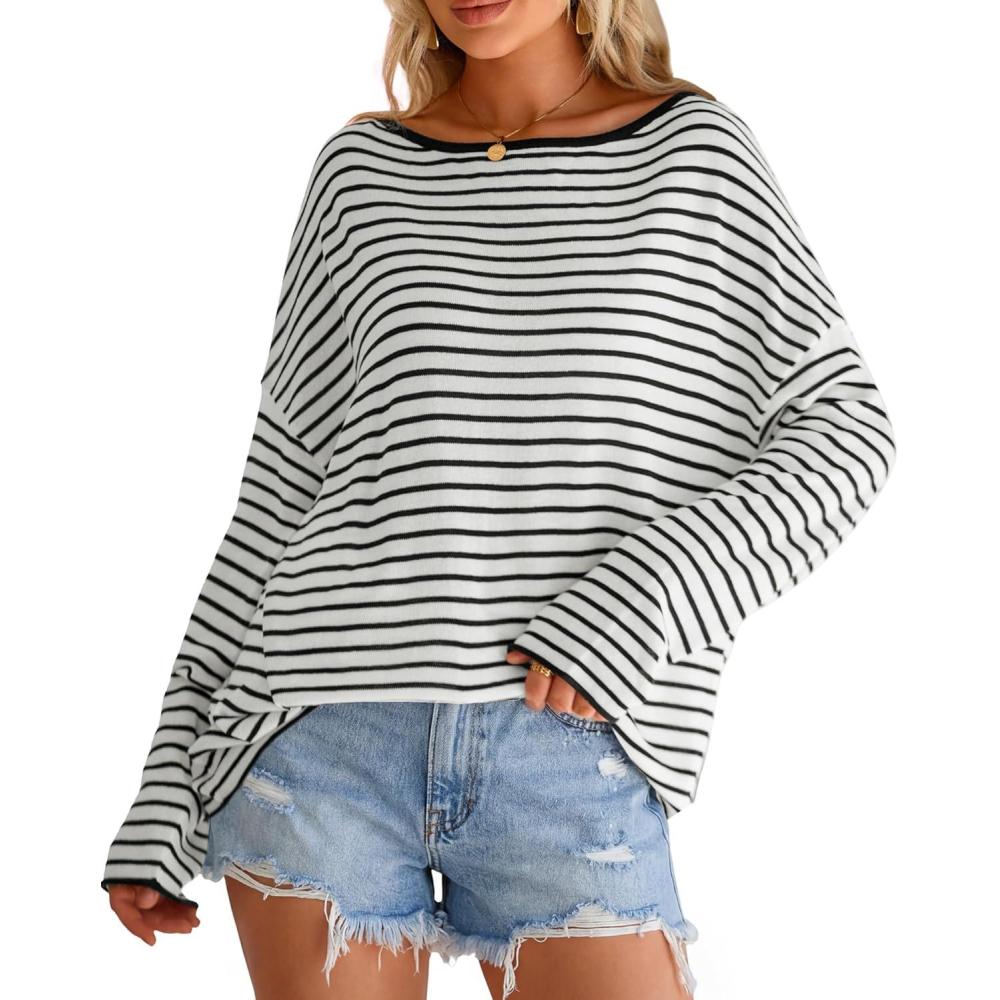 image:imageArachampCloz Womens Oversized Linen Blend Beach Vacation Cover Up Summer Casual Off Shoulder Tops 2026White Black Stripe