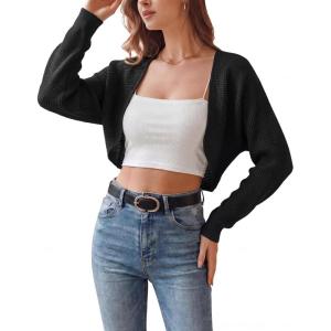 Arach&Cloz Women’s 100% Cotton Bolero Shrug V Neck Cropped Cardigan Knit Sweaters(Black)