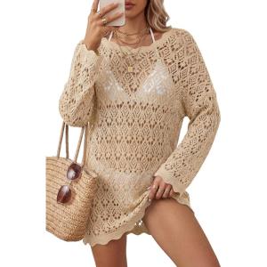 Arach&Cloz Women’s 100% Cotton Swimsuit Cover Up Off Shoulder Boat Neck Oversized Breathable Beach Crochet Summer 2026(Apricot)