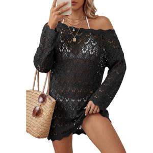 Arach&Cloz Women’s 100% Cotton Swimsuit Cover Up Off Shoulder Boat Neck Oversized Breathable Beach Crochet Summer 2026(Black)