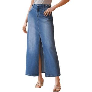 Arach&Cloz Women’s Cotton Blend Stretch Adjustable Waist Denim Skirts with Pockets 2026(Blue)
