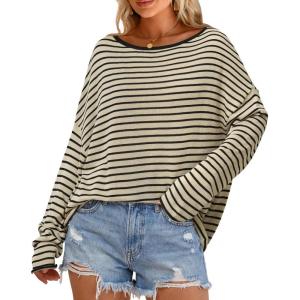 Arach&Cloz Women’s Oversized Linen Blend Beach Vacation Cover Up Summer Casual Off Shoulder Tops 2026(Apricot Black Stripe)