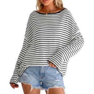 Arach&Cloz Women’s Oversized Linen Blend Beach Vacation Cover Up Summer Casual Off Shoulder Tops 2026(White Black Stripe)
