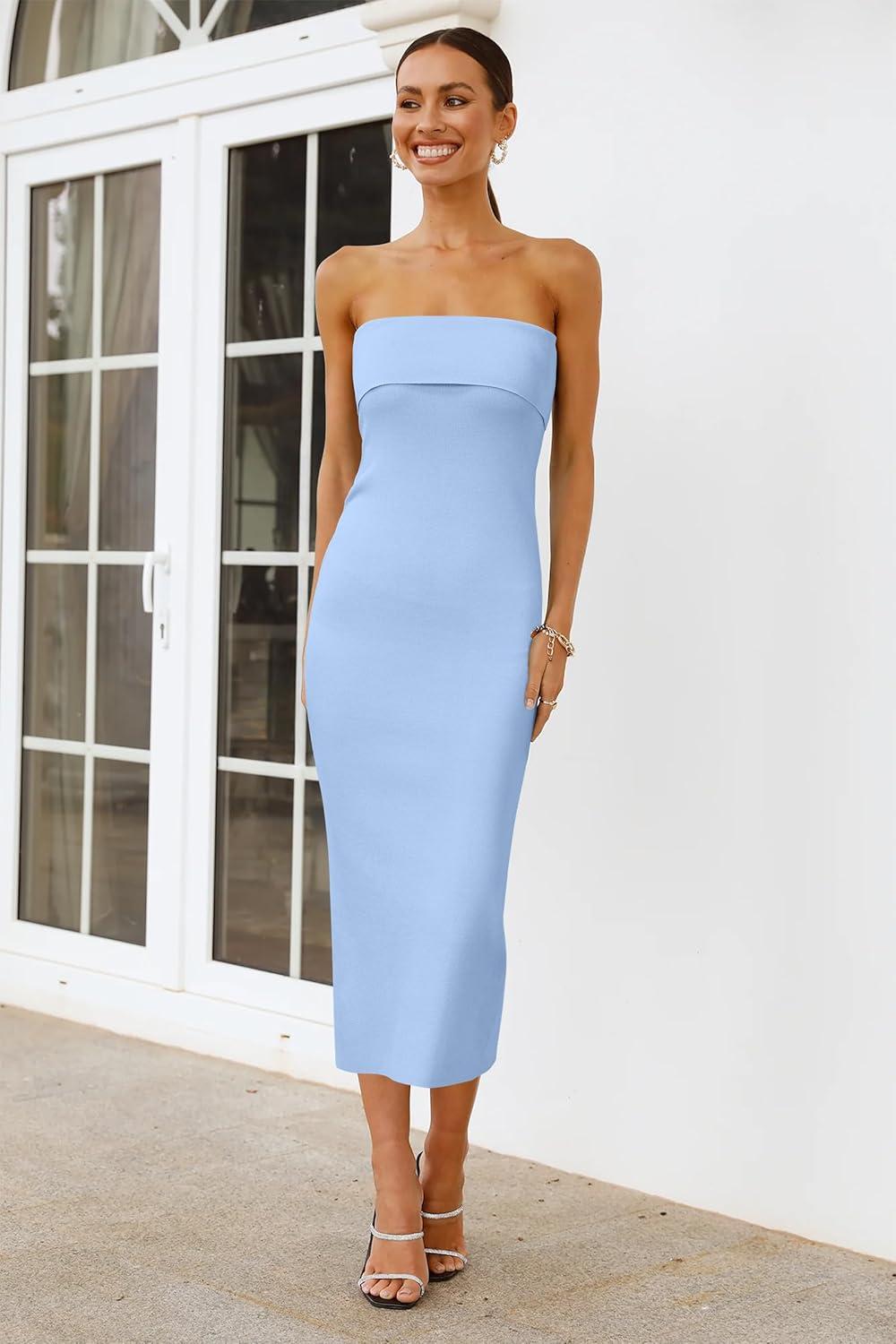 image:imageArachampCloz Womens Silk Blend Fold Over Elegant Classy Wedding Guest Dress 2025Dusty Blue