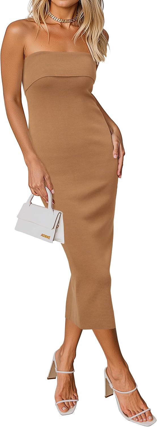 image:imageArachampCloz Womens Silk Blend Fold Over Elegant Classy Wedding Guest Dress 2025Khaki