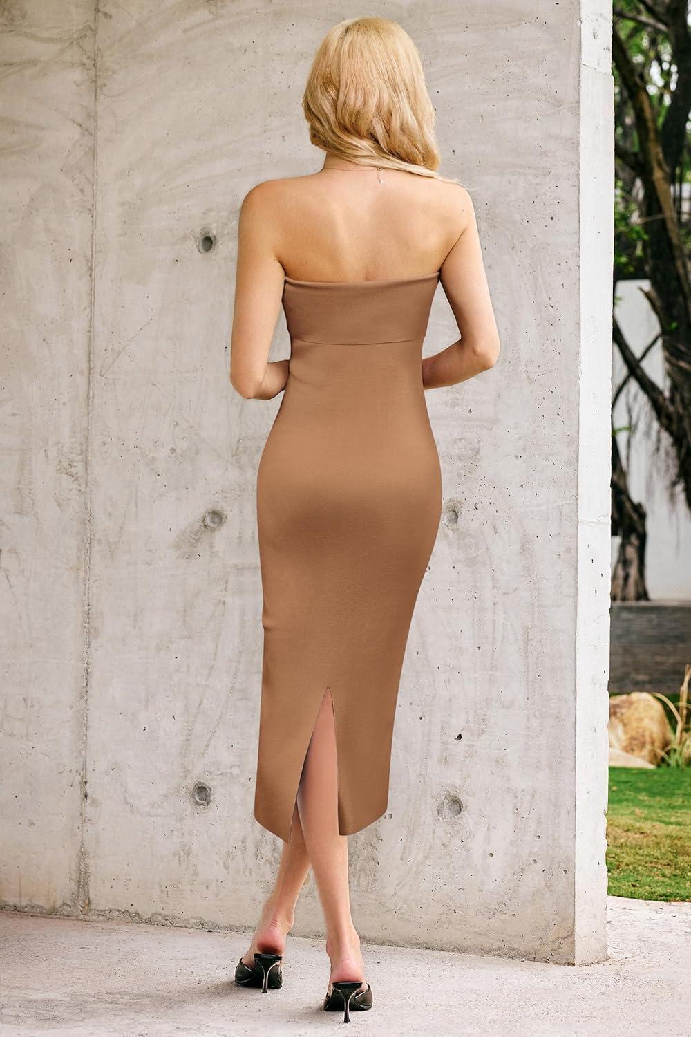 image:imageArachampCloz Womens Silk Blend Fold Over Elegant Classy Wedding Guest Dress 2025Khaki