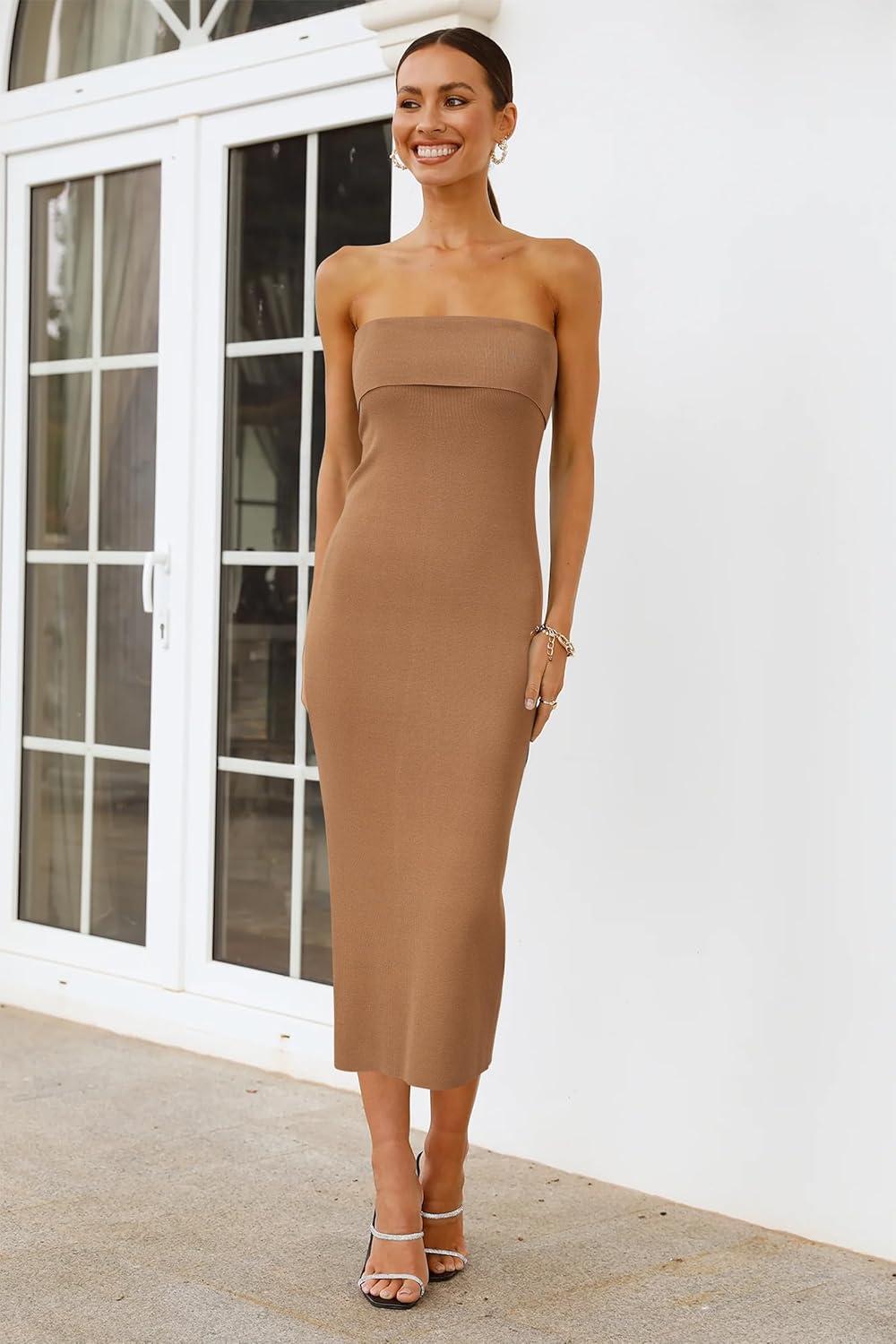 image:imageArachampCloz Womens Silk Blend Fold Over Elegant Classy Wedding Guest Dress 2025Khaki