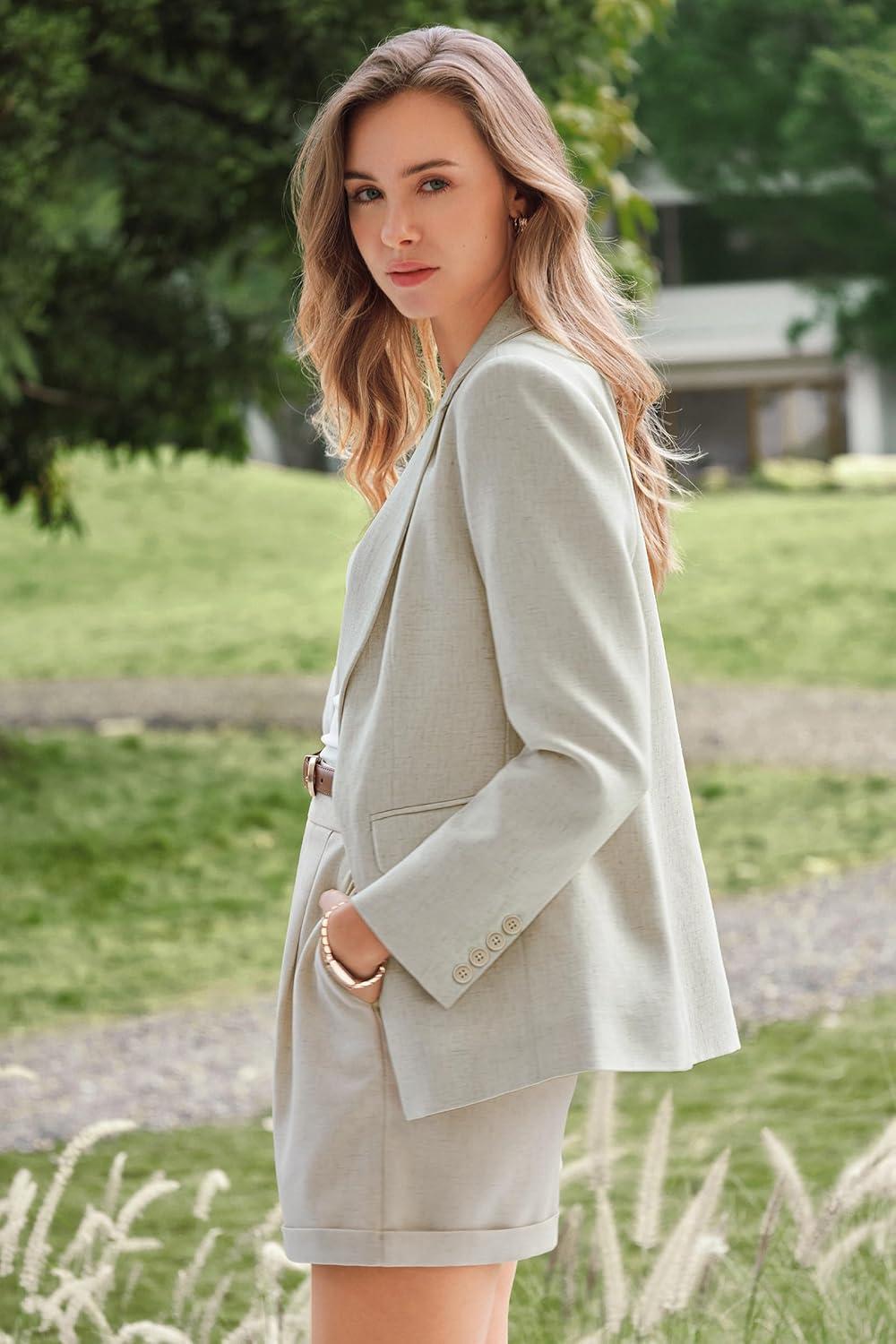 image:imageArachampCloz Womens Linen Blend Notched Lapel Open Front Blazers Work Business Casual Outfits 2026Beige