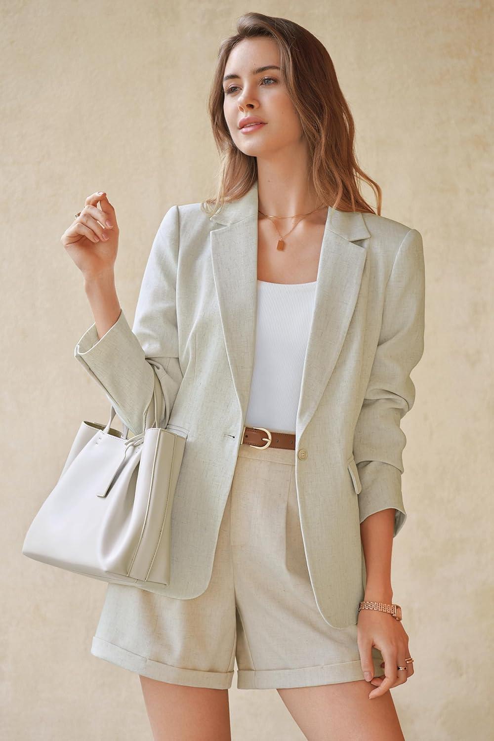 image:imageArachampCloz Womens Linen Blend Notched Lapel Open Front Blazers Work Business Casual Outfits 2026Beige