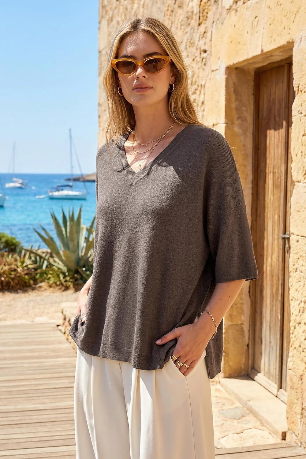 image:imageArachampCloz Womens Wool Blend Elbow Sleeve Summer Oversized Casual SweaterCoffee