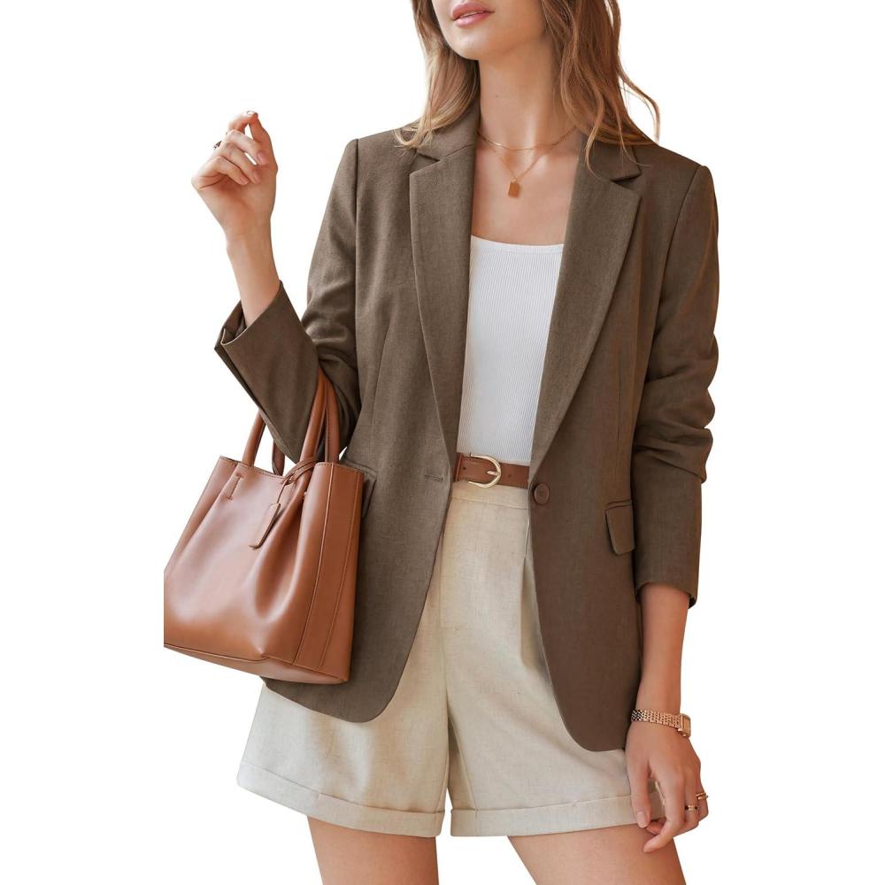 image:imageArachampCloz Womens Linen Blend Notched Lapel Open Front Blazers Work Business Casual Outfits 2026Brown