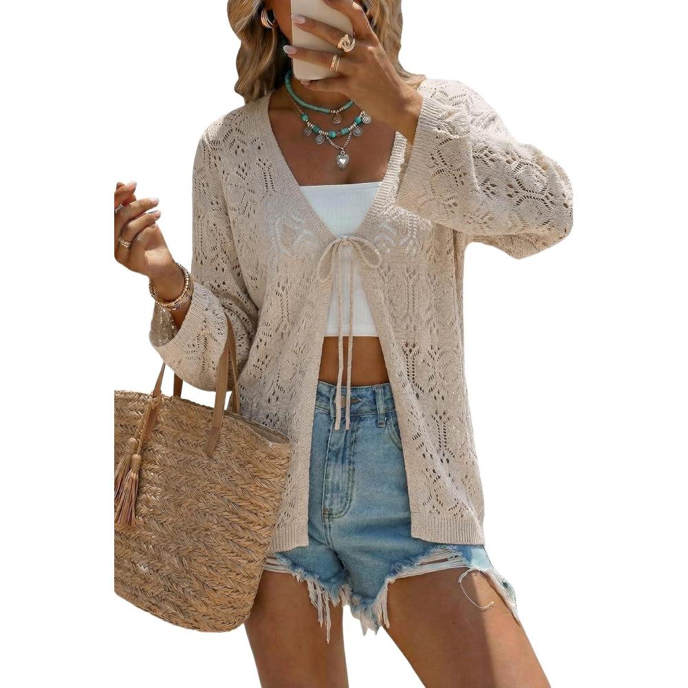 image:imageArachampCloz Womens Linen Blend Summer Crochet Cardigans Lightweight Boho Cover Up Lacey Kint Beach Resort Wear Trendy 2026Khaki