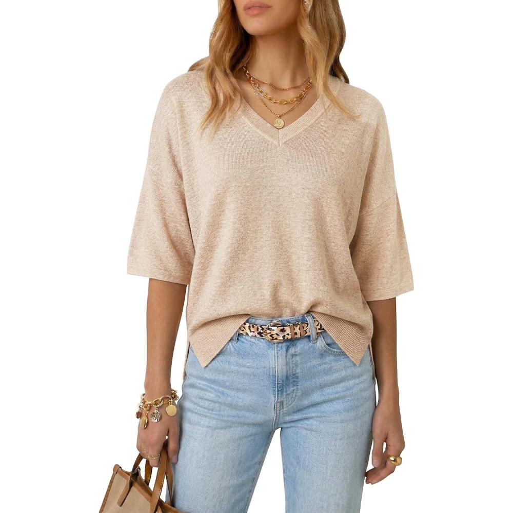 image:imageArachampCloz Womens Wool Blend Elbow Sleeve Summer Oversized Casual SweaterApricot